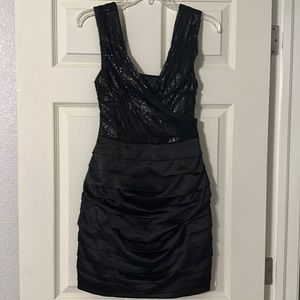 Express black sequin top, satin bottom dress